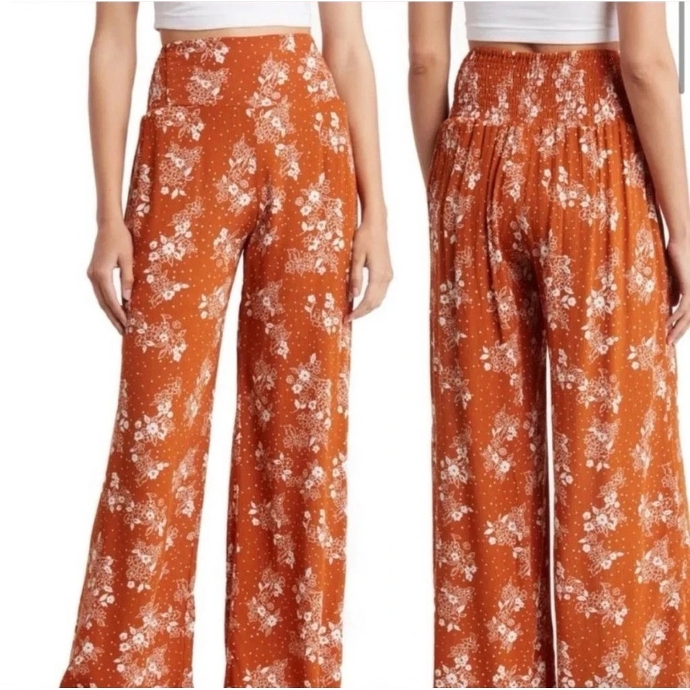 Women's Three Dots Wide Leg Palazzo Harem Pants SML Boho Floral Rust Orange EUC